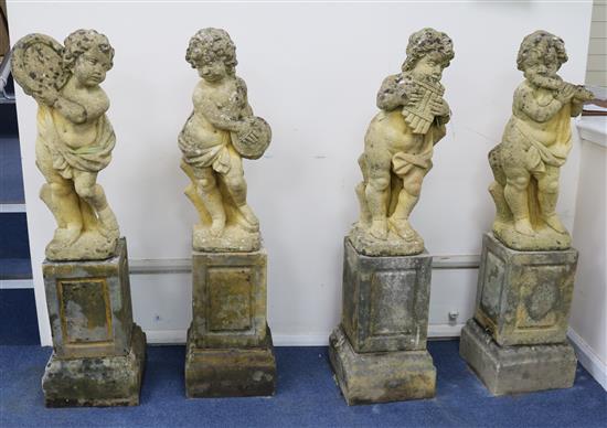 A set of four weathered composition garden statues modelled as putti, on square plinths, H.3ft 11in.